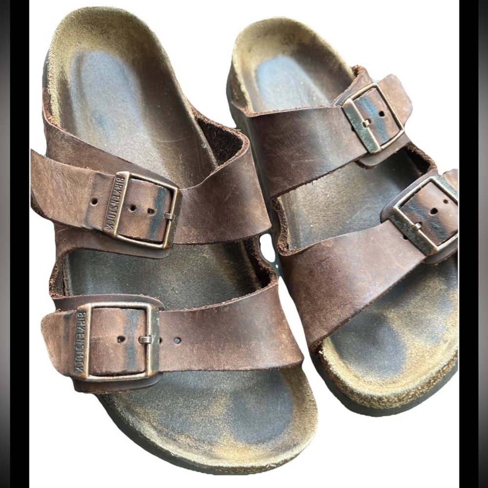 Birkenstock Arizona Sandals Womens Size 5 BROWN Leather 2 Strap Soft Footbed, 35